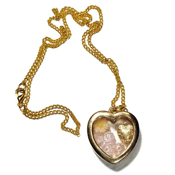 Fun Gold Plated Locket Necklace with Peach Flower, Pink Beads and Gold Heart - Picture 8 of 13